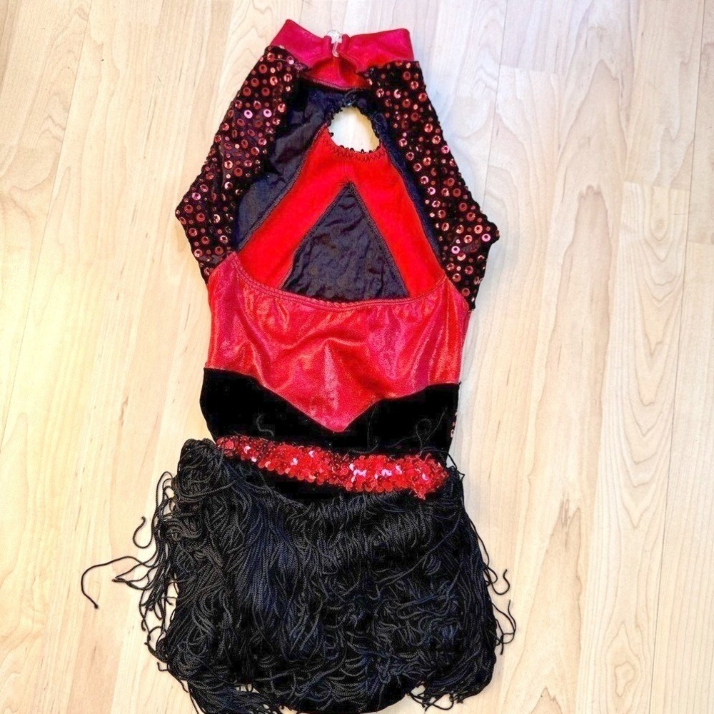 Leo's Leotard Red Black Flapper Fringe Sequins Large Dance Halloween Costume